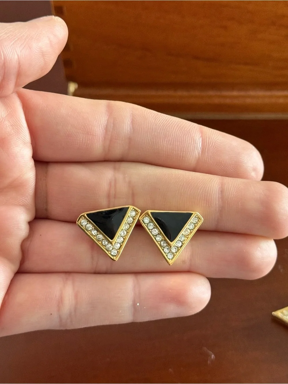 Vintage Christian Dior V-Shaped Pavé Black Enamel Earrings & Necklace Gold Set